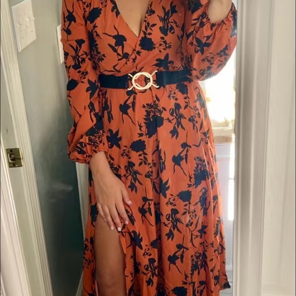 New Midi Floral Thigh Split Brown Orange Rust Color Mix Dress Surplice V Neck - Picture 11 of 16